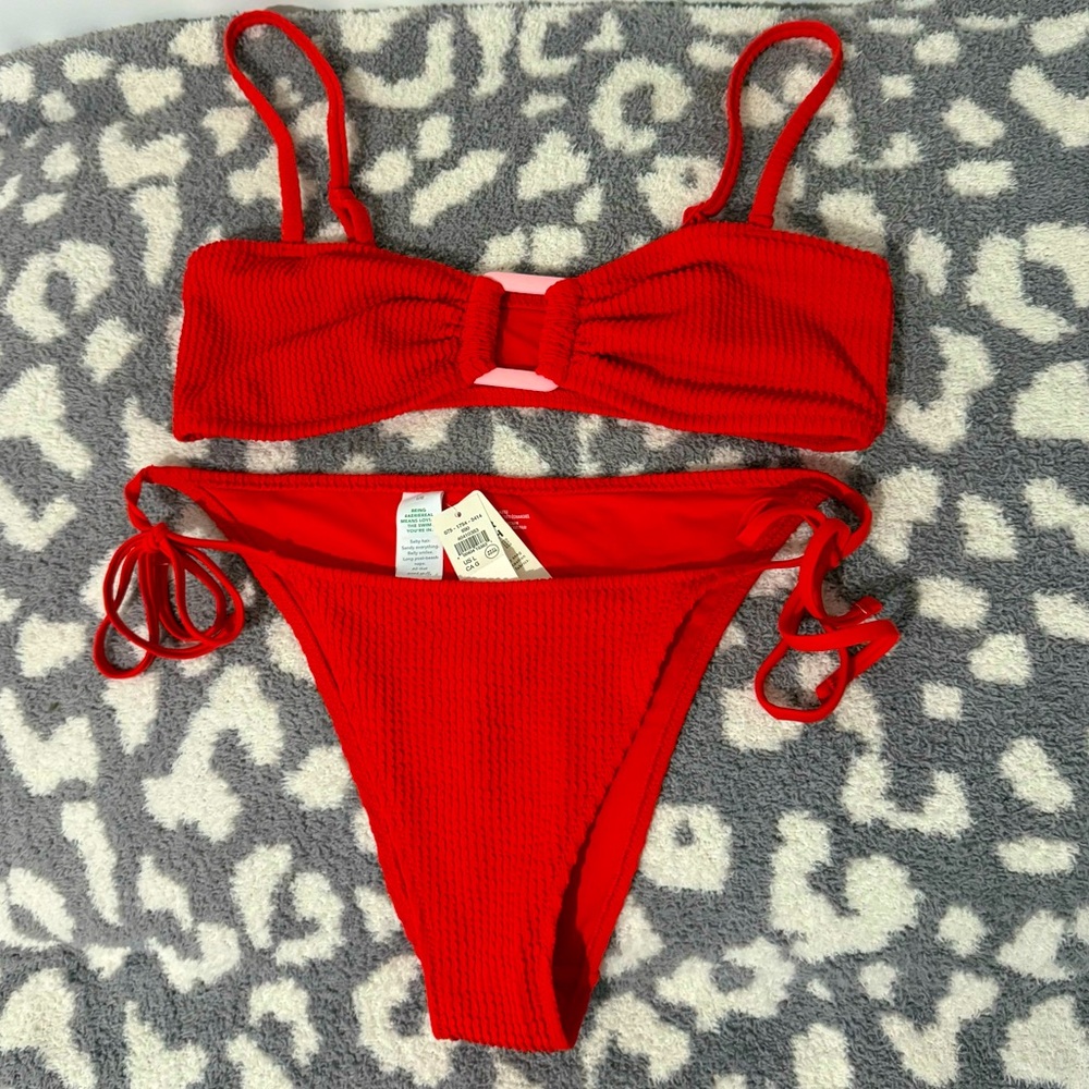 Aerie Red Bikini Set With Pink Square Detail